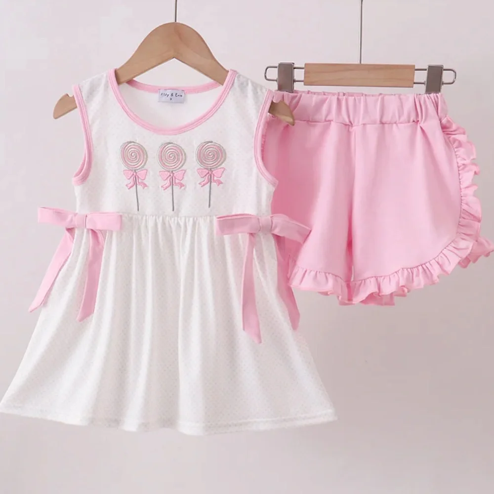 RARE Abby & Evie PINK LOLLIPOP EMBROIDERY RUFFLE SHORTS SET Girls Size 3T NWT